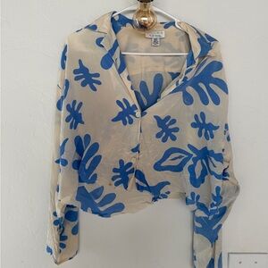100% silk Blue and Cream Women's button up blouse
